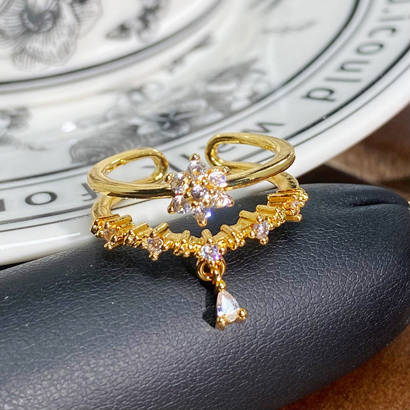 Luxury Gold Tone Enamel Drip Ring Inlaid Zircon Adjustable Ring For Her