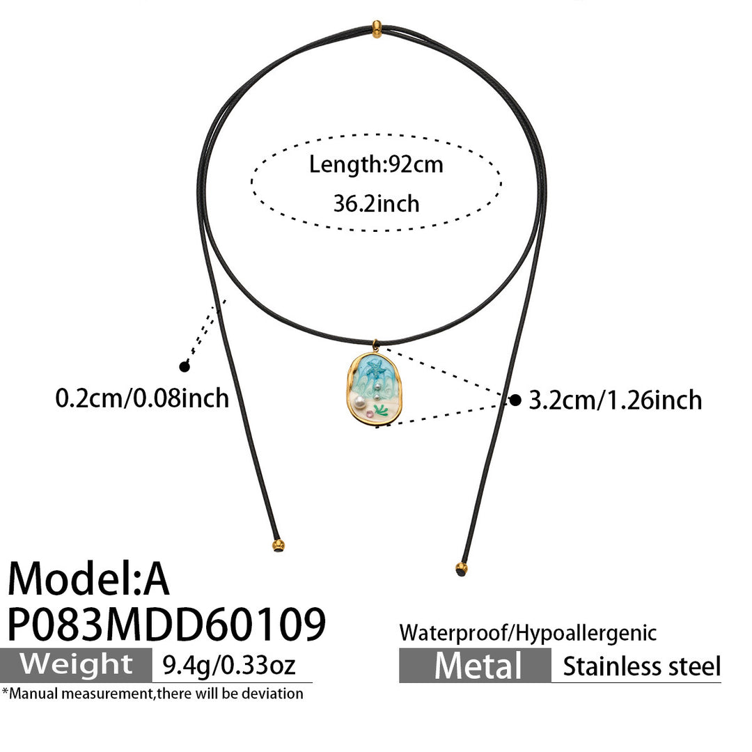 Stainless Steel Enamel Necklace With Ocean Shell And Imitation Pearl Pendant