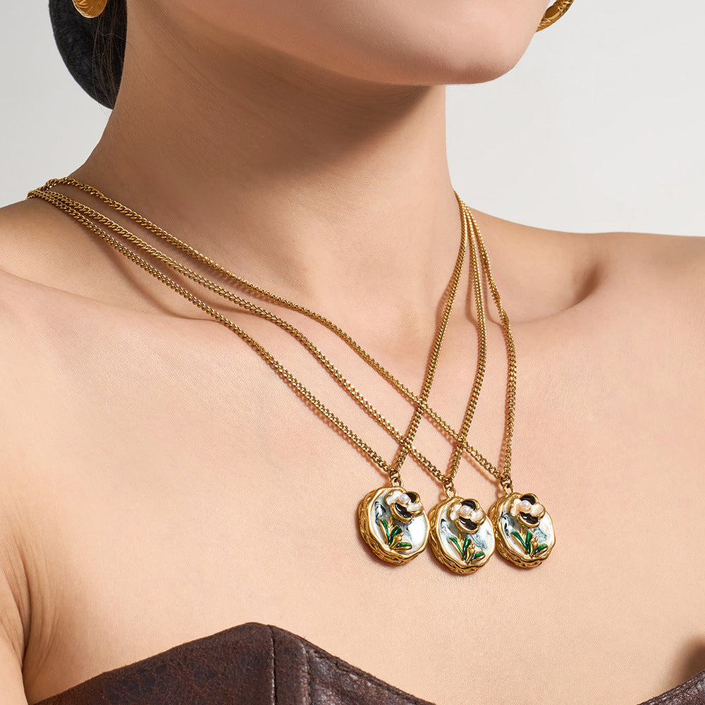 Retro Romantic Enamel-Painted Oil-Style Floral Necklace For Women