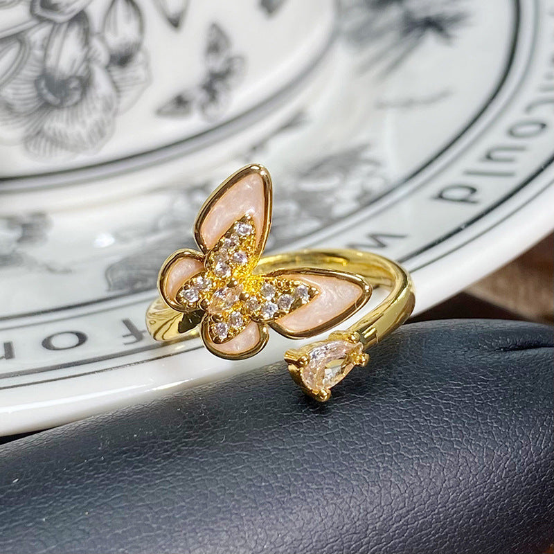 Luxury Gold Tone Enamel Drip Ring Inlaid Zircon Adjustable Ring For Her