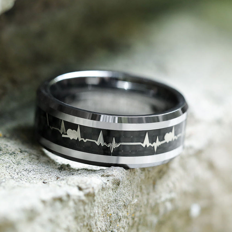 Fashionable Carbon Fiber Love ECG Pure Titanium Ring