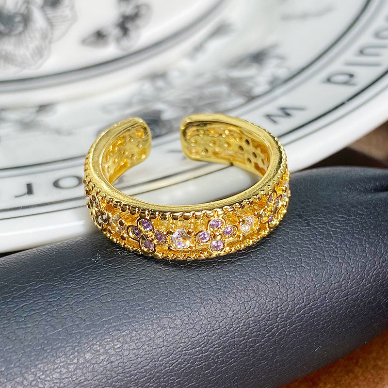 Luxury Gold Tone Enamel Drip Ring Inlaid Zircon Adjustable Ring For Her