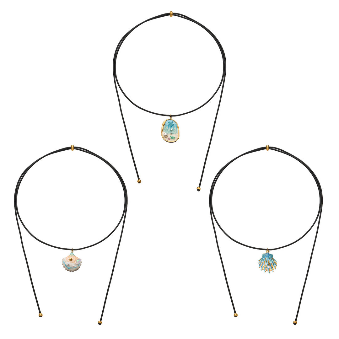 Stainless Steel Enamel Necklace With Ocean Shell And Imitation Pearl Pendant