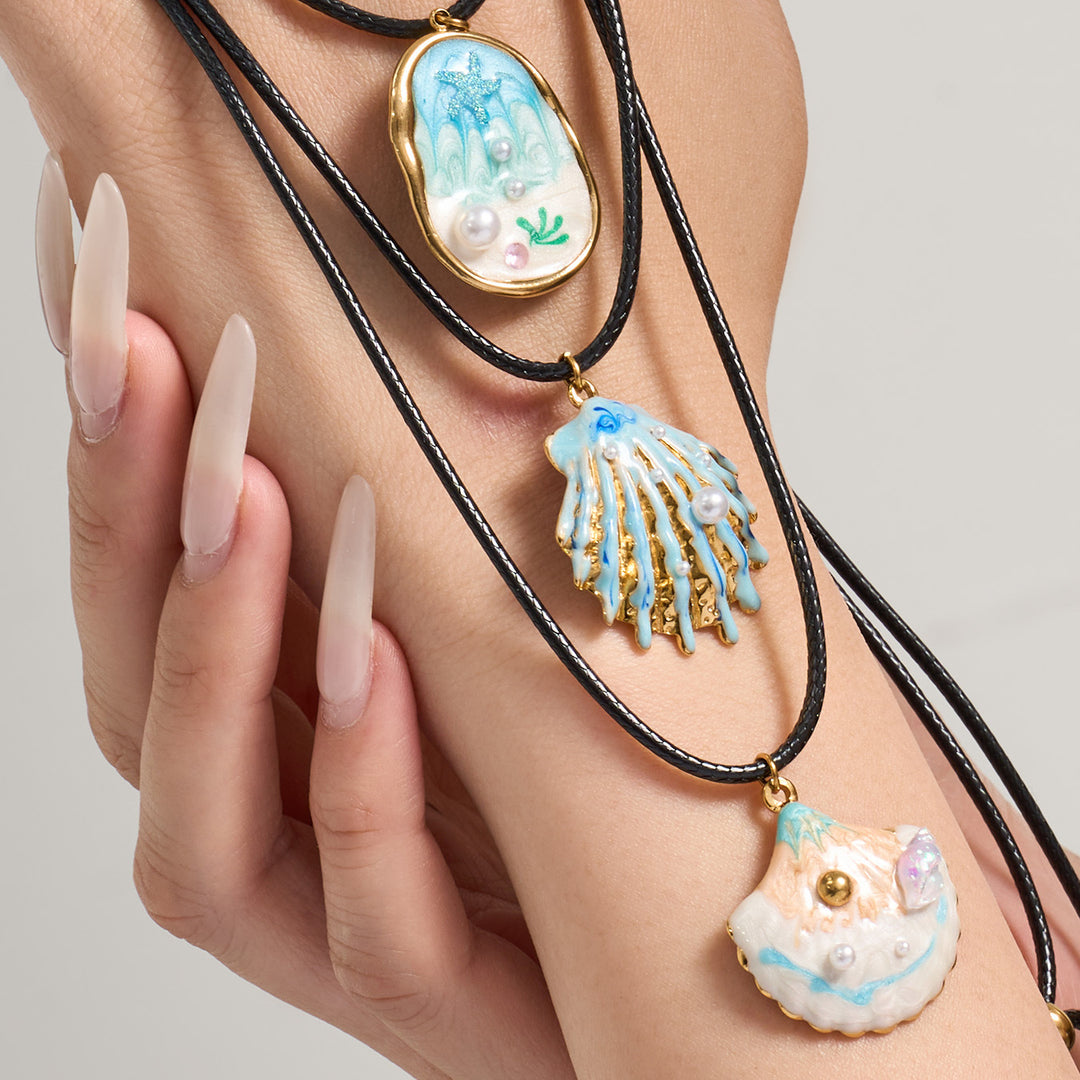 Stainless Steel Enamel Necklace With Ocean Shell And Imitation Pearl Pendant