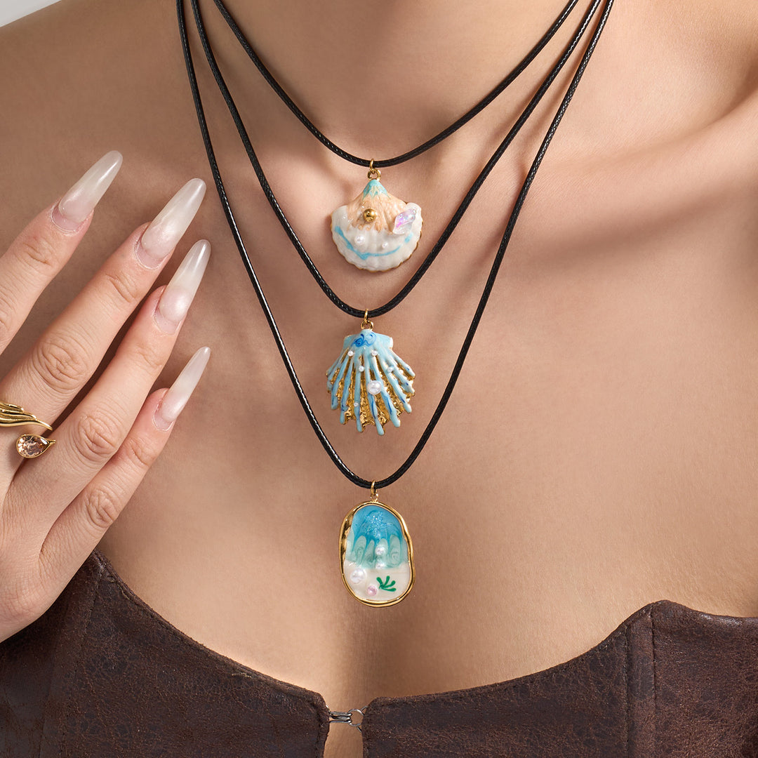 Stainless Steel Enamel Necklace With Ocean Shell And Imitation Pearl Pendant