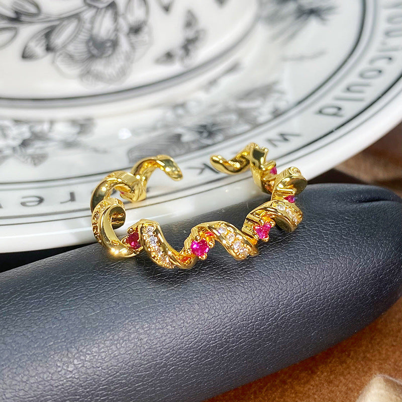Luxury Gold Tone Enamel Drip Ring Inlaid Zircon Adjustable Ring For Her