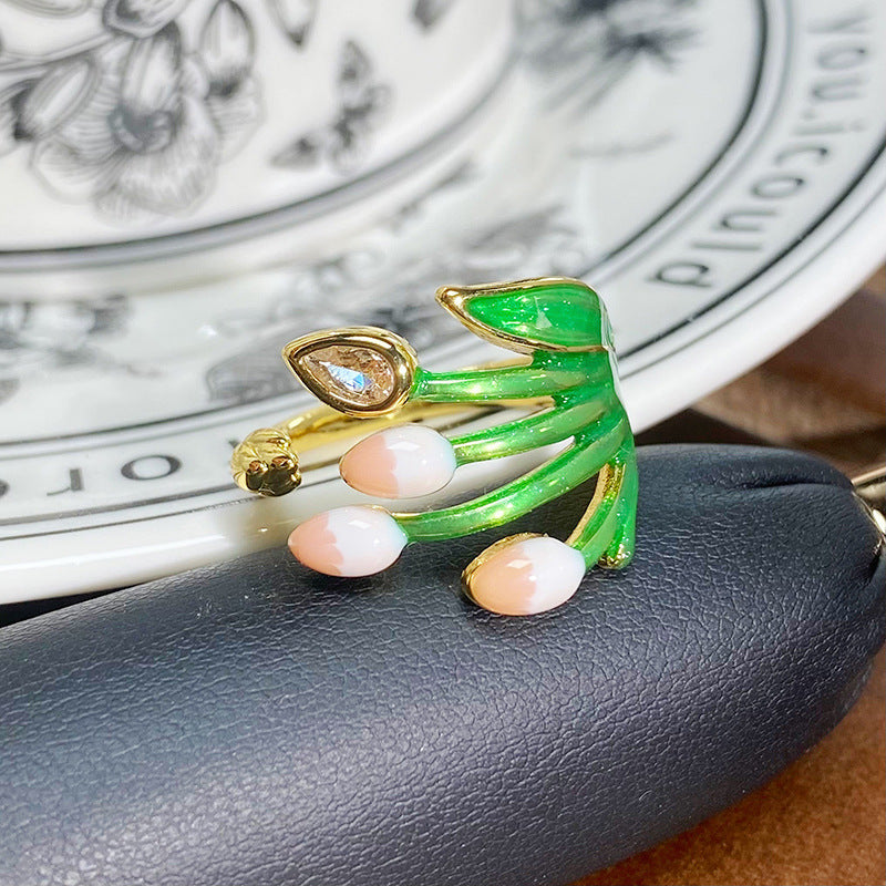 Luxury Gold Tone Enamel Drip Ring Inlaid Zircon Adjustable Ring For Her
